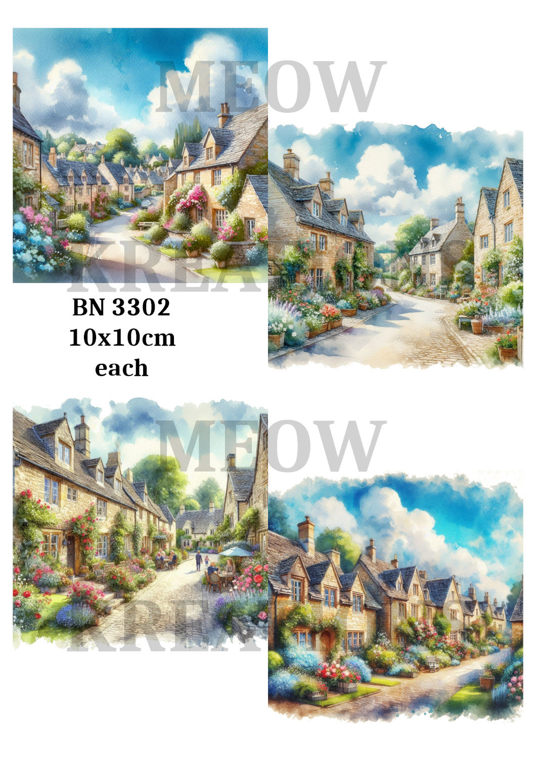 English Country Village Watercolour Cottage Design Decoupage Rice Paper - BN 3302
