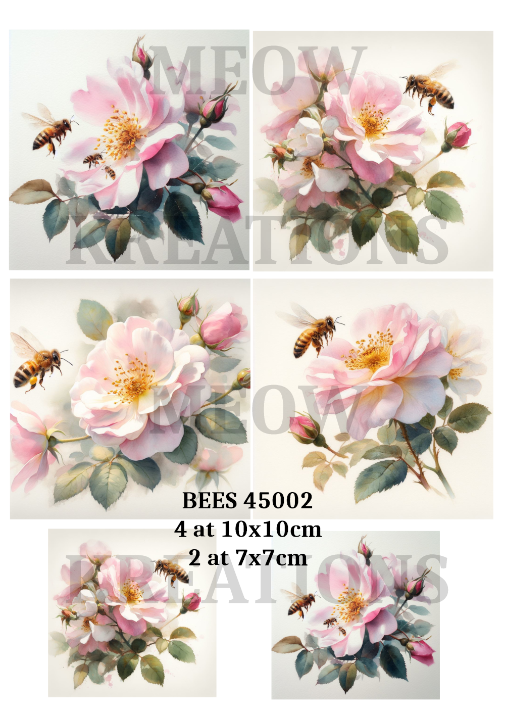 Bee & Rose Flowers Decoupage Rice Paper - BEES 45002