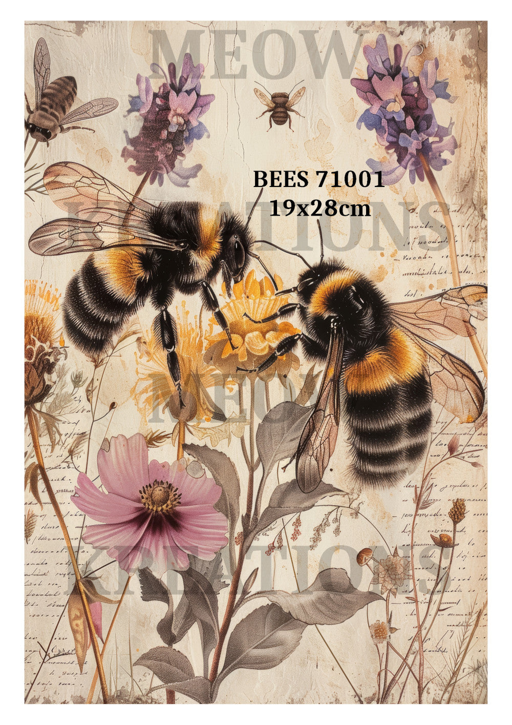 Bees on Vintage Pink Flowers Decoupage Rice Paper - BEES 71001