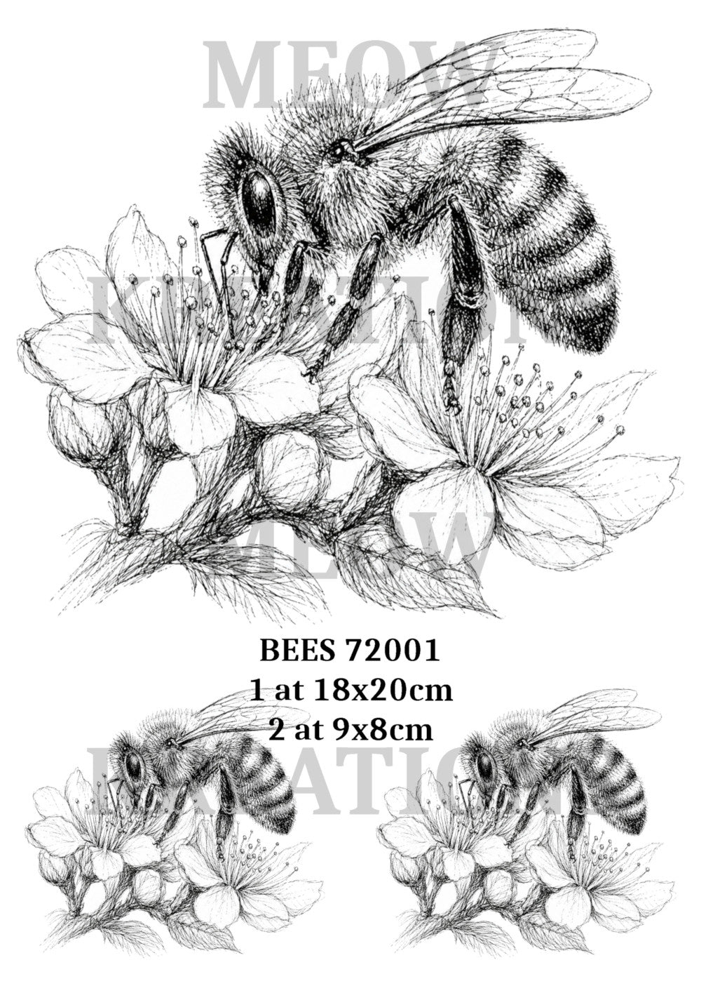 Black & White Bee on Cherry Blossom Flower Decoupage Rice Paper - BEES 72001