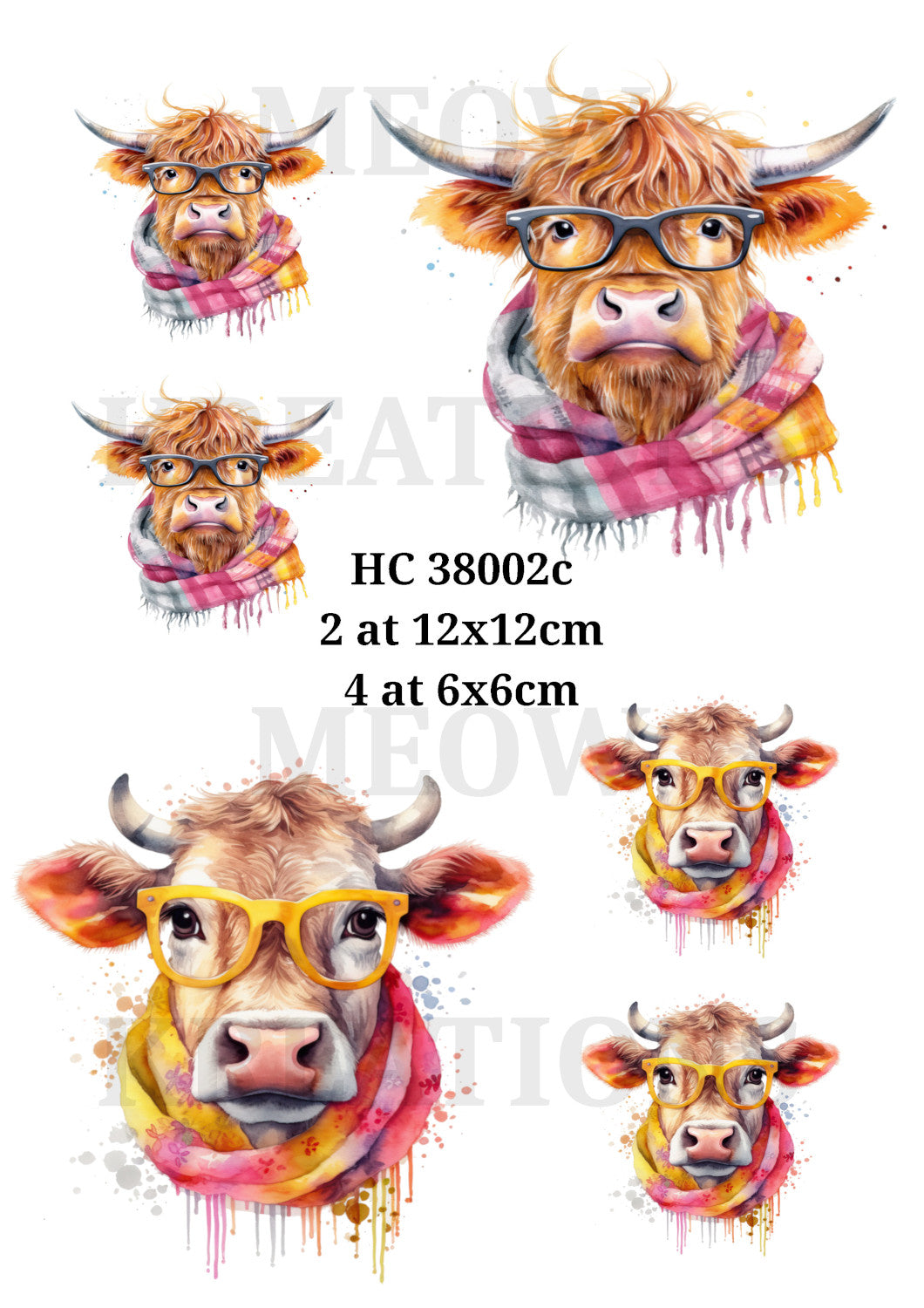 Highland Cow with Glasses & Colourful Scarf Design Decoupage Rice Paper - HC 38002c