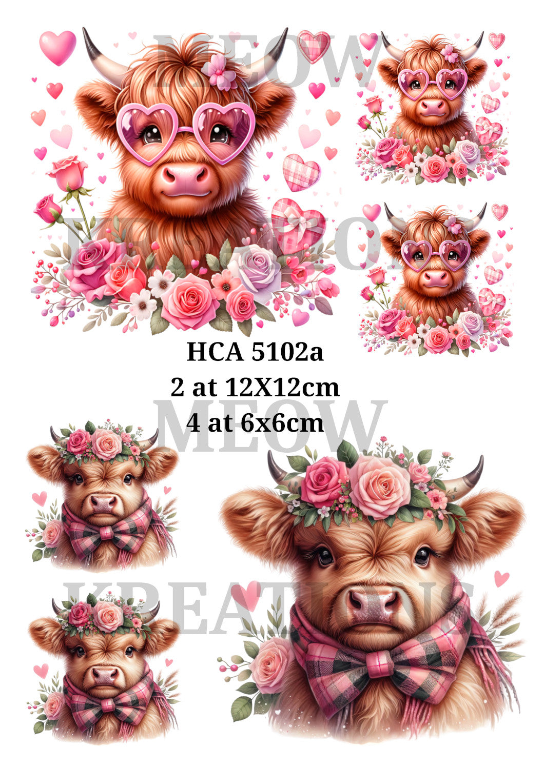 Cute Highland Cow Valentine Floral Design Decoupage Rice Paper - HC5102a