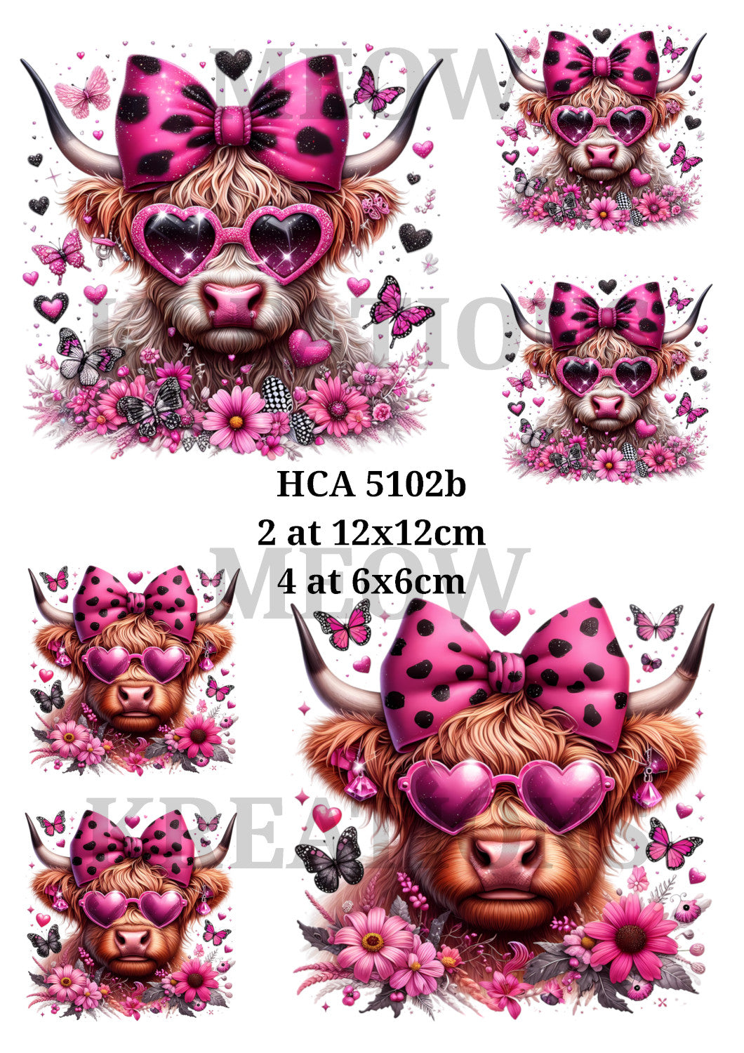 Pink Highland Cow with Bow & Heart Sunglasses Design Decoupage Rice Paper - HC 5102b