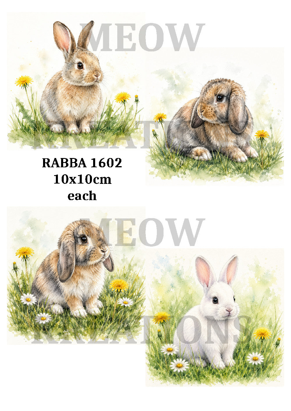 Pet Rabbit & Dandelions & Daisys Decoupage Rice Paper - RABBA 1602