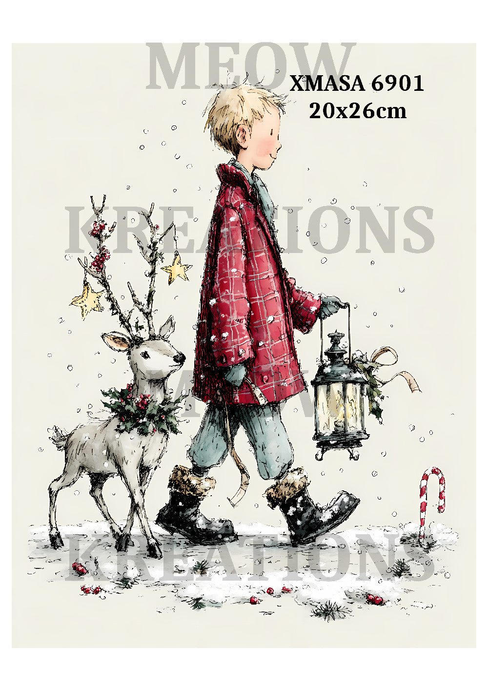 Christmas Vintage Winter Child & Reindeer Decoupage Rice Paper - XMASA 6901