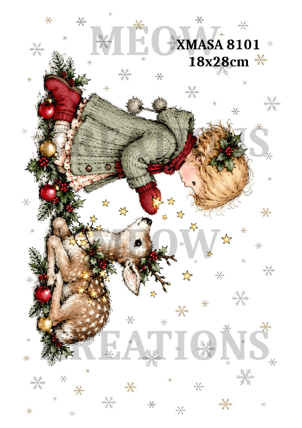 Vintage Girl & Reindeer Christmas Decoupage Rice Paper - XMASA 8101