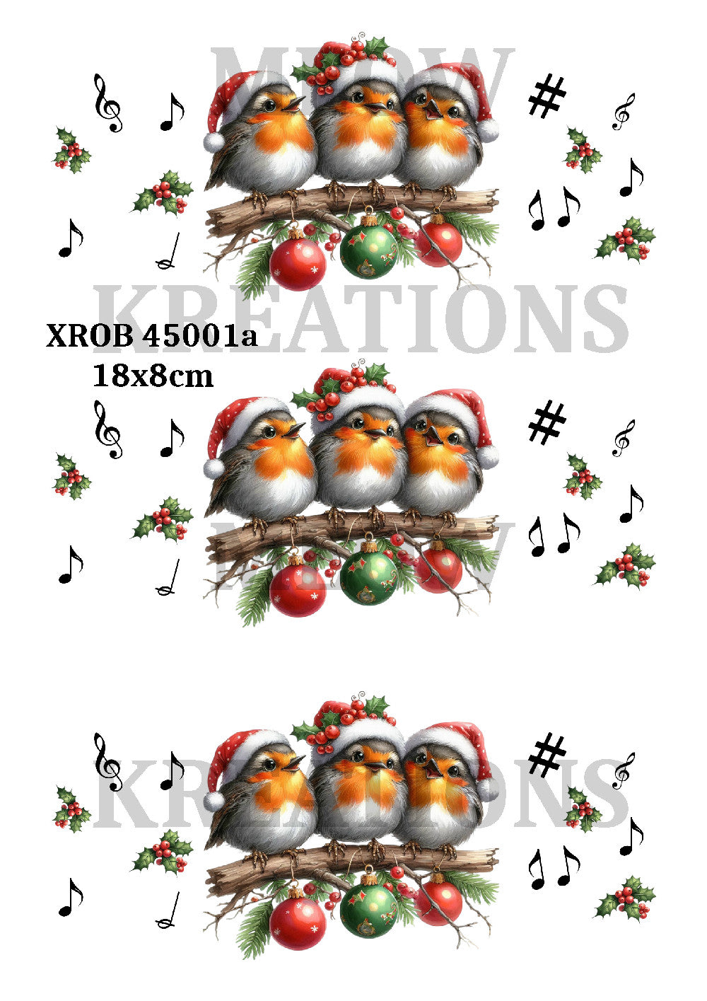 Christmas Robins Holly & Baubles Decoupage Rice Paper - XROB 45001a