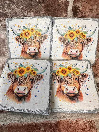 Highland Cow, Sunflower, Floral Crown, Decoupage Rice Paper - HC 16002