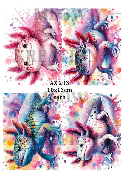 Colourful Watercolour Axolotls Decoupage Rice Paper – AX 203