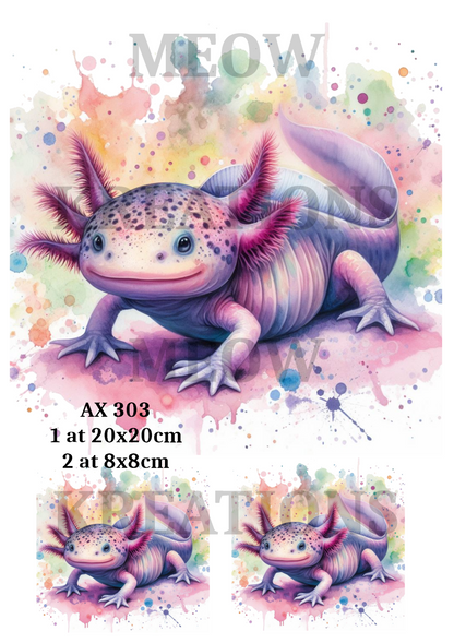 Colourful Watercolour Axolotls Decoupage Rice Paper – AX 303