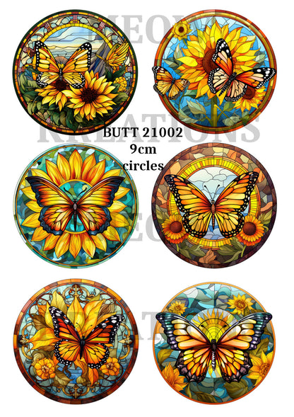 Sunflower & Butterfly Stained Glass Circles Decoupage Rice Paper – BUTT 21002