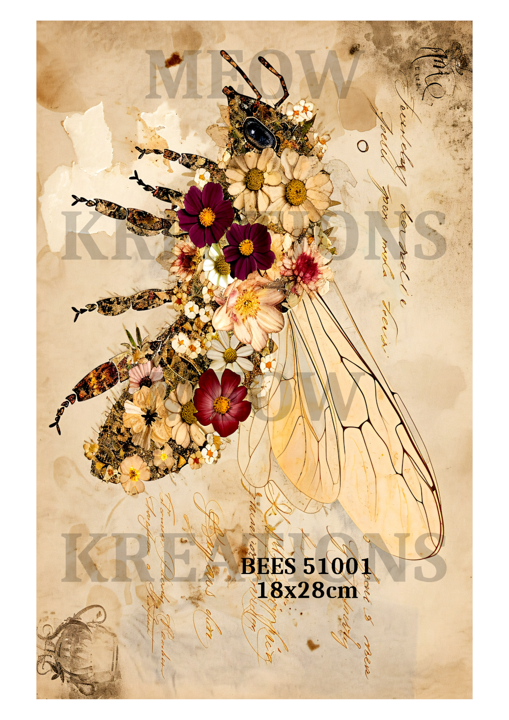 Vintage Botanical Floral Bee Decoupage Rice Paper - BEES 52001