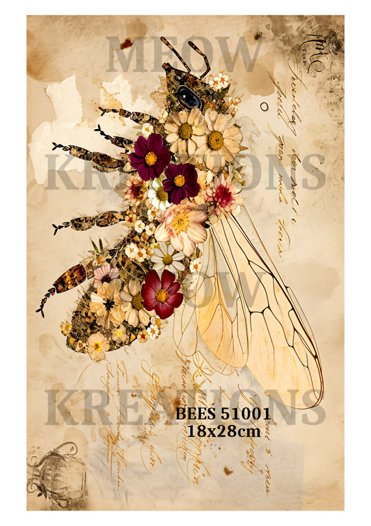 Vintage Botanical Floral Bee Decoupage Rice Paper - BEES 52001