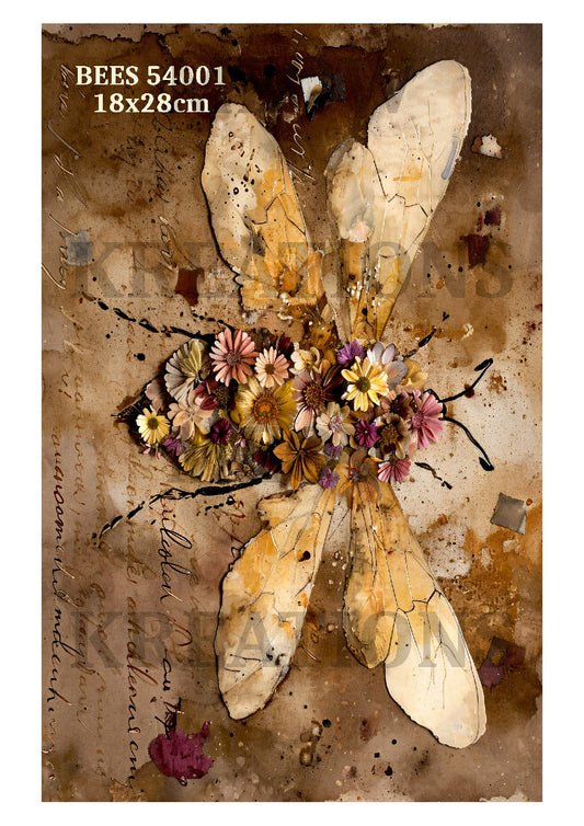 Vintage Botanical Floral Bee Decoupage Rice Paper - BEES 54001