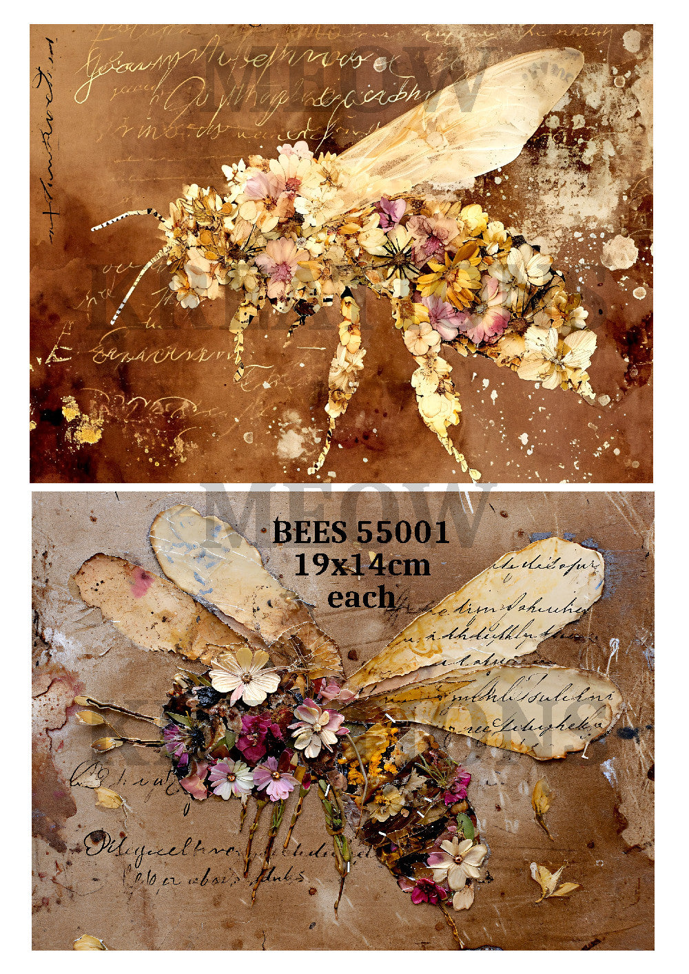 Vintage Botanical Floral Bee Decoupage Rice Paper - BEES 55001
