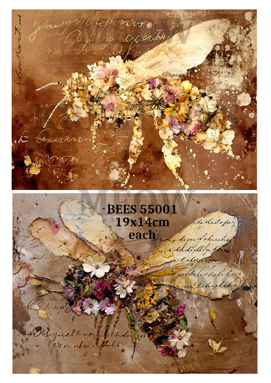 Vintage Botanical Floral Bee Decoupage Rice Paper - BEES 55001