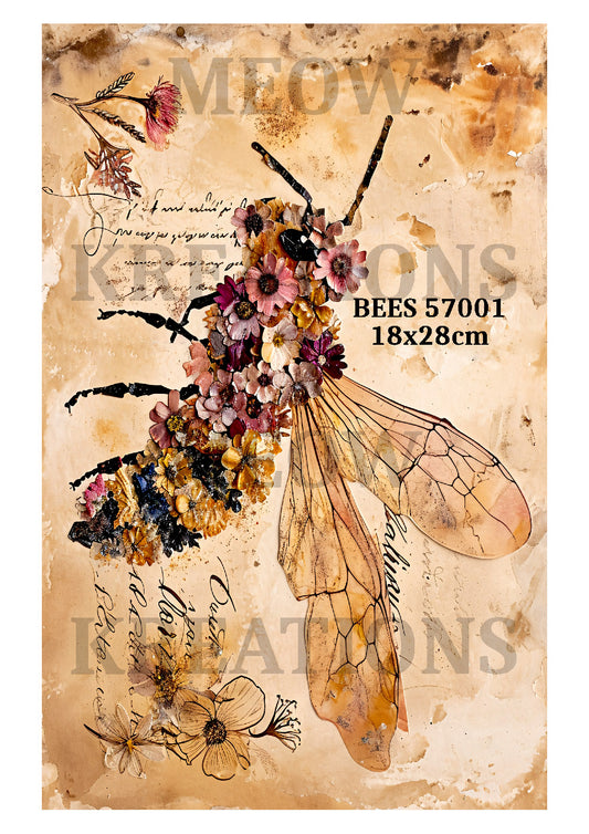 Vintage Botanical Floral Bee Decoupage Rice Paper - BEES 57001