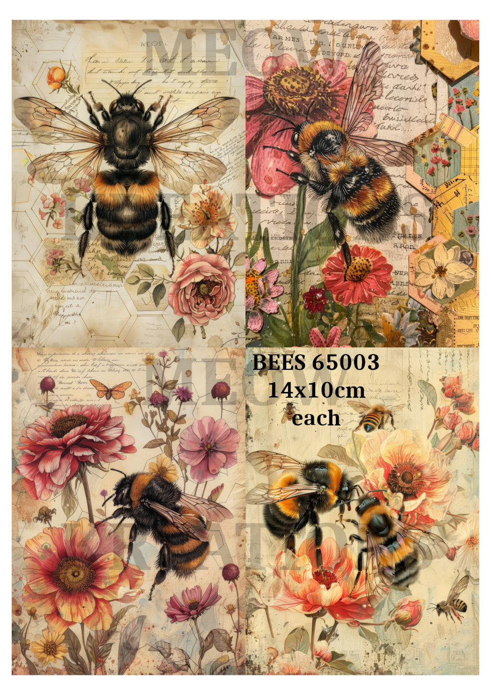 Bees on Vintage Flowers Decoupage Rice Paper - BEES 65003