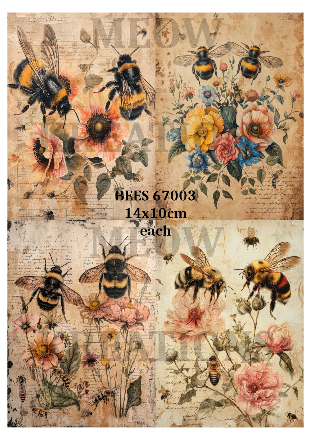 Bees on Vintage Pink Flowers Decoupage Rice Paper - BEES 67003