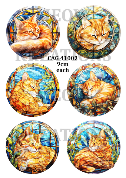 Sleeping Ginger Cats Stained Glass Decoupage Rice Paper - CAG 41002