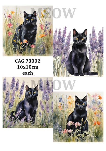 Black Cats in Wildflower Meadows Decoupage Rice Paper - CAG 73002