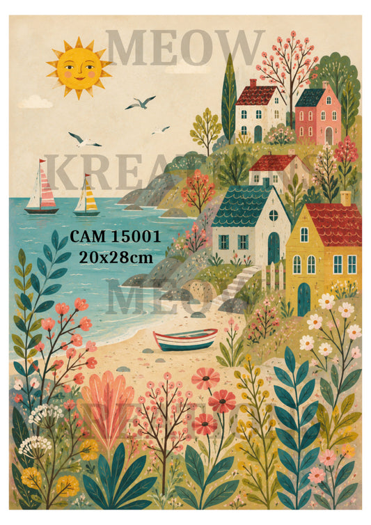 Whimsical Folk Art Seaside Landscape Decoupage Rice Paper - CAM 15001