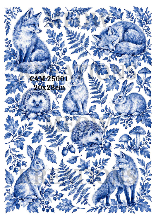 Blue Woodland Animals & Foliage Decoupage Rice Paper - CAM 25001