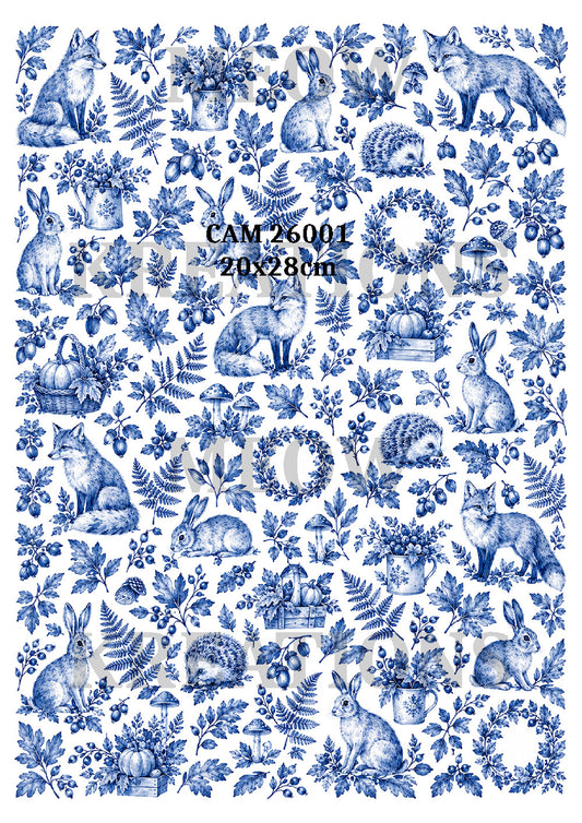 Blue Woodland Animals & Foliage Decoupage Rice Paper - CAM 27001