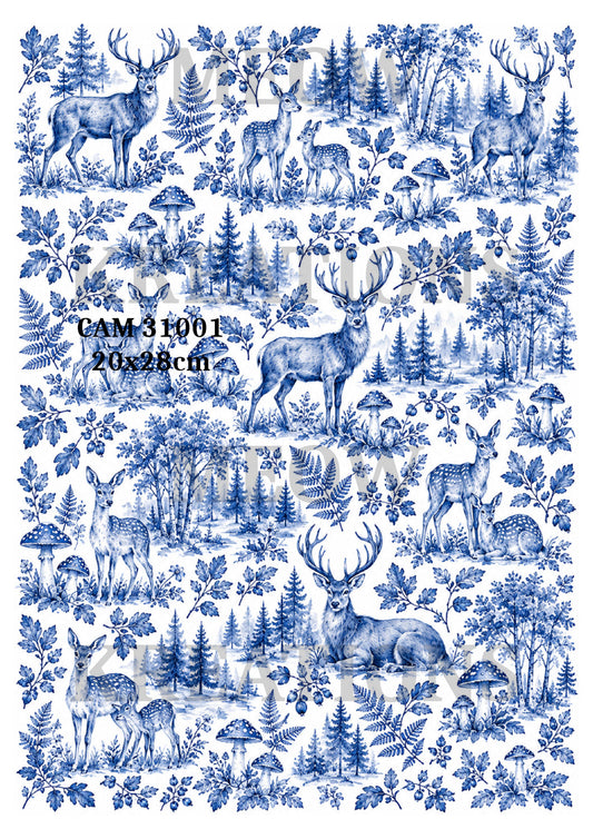 Blue Woodland Deer & Stags Decoupage Rice Paper - CAM 31001