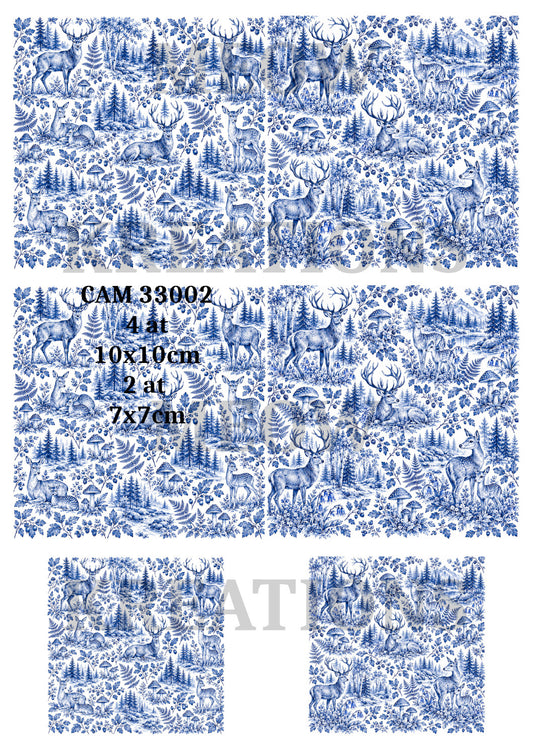 Blue Woodland Deer & Stags Coasters Decoupage Rice Paper - CAM 33002