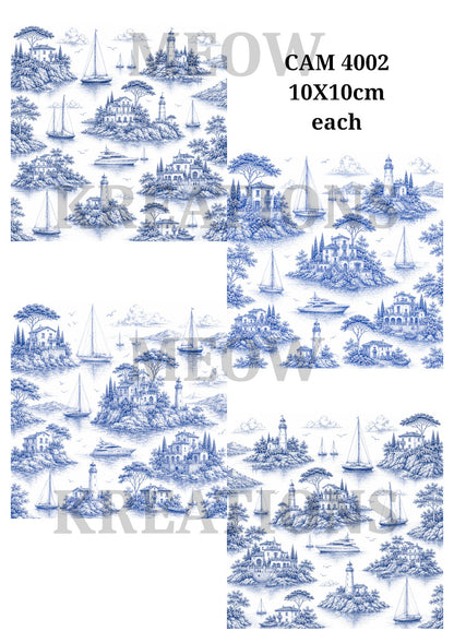 Blue Toile Islands & Sailing Boats Decoupage Rice Paper - CAM 4002