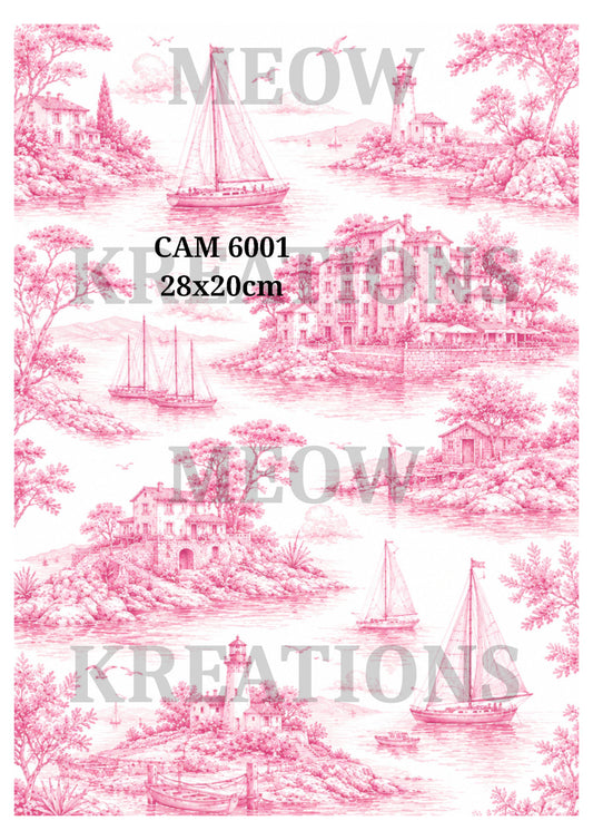 Pink Toile Islands & Sailing Boats Decoupage Rice Paper - CAM 6001