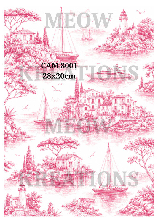Pink Toile Islands & Sailing Boats Decoupage Rice Paper - CAM 8001