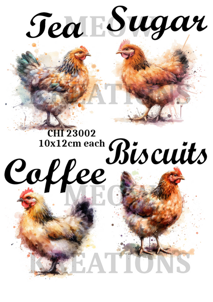 Watercolour Hens Kitchen Labels Decoupage Rice Paper – CHI 23002