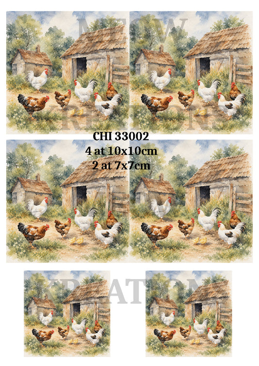 Country Chickens & Rustic Farmyard Decoupage Rice Paper - CHI 33002