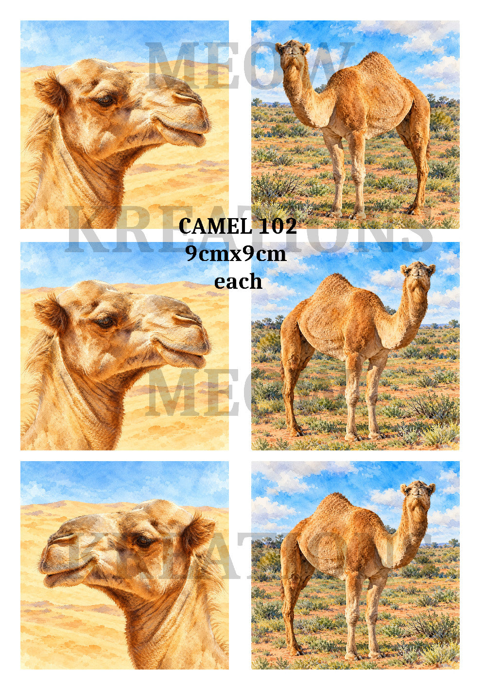 Camel Watercolour Portraits & Desert Scenes Decoupage Rice Paper - CAMEL 102