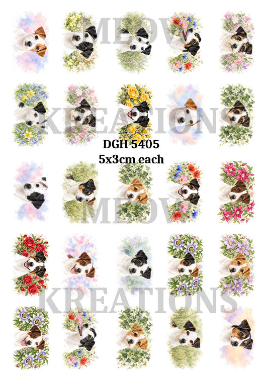 Jack Russell Dogs & Colourful Flowers Decoupage Rice Paper - DGH 5405