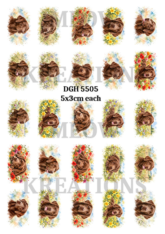Chocolate Labrador Dogs & Colourful Flowers Decoupage Rice Paper - DGH 5505