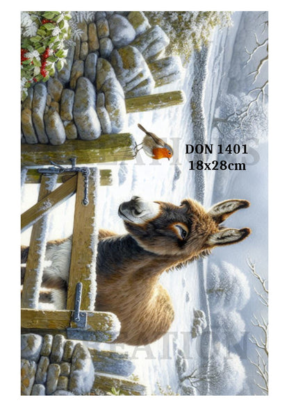 Donkey & Robin in Winter Decoupage Rice Paper - DON 1401