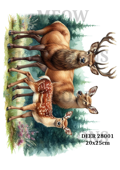 Stag, Doe & Fawn in Forest Woodland Decoupage Rice Paper - DEER 28001