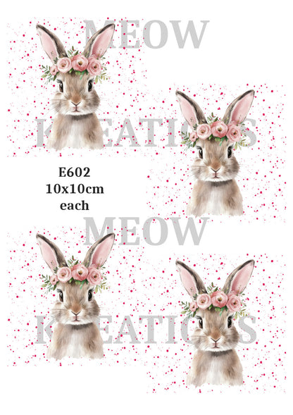 Cute Rabbit & Floral Crown Decoupage Rice Paper - E602