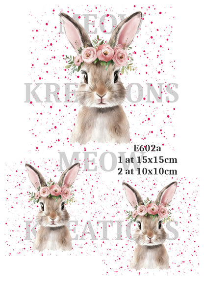 Cute Rabbit & Floral Crown Decoupage Rice Paper - E602a