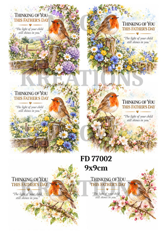 Father’s Day Memorial Robins & Flowers Decoupage Rice Paper - FD 77002