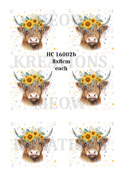 Highland Cow Sunflower Floral Crown Decoupage Rice Paper - HC 16002b