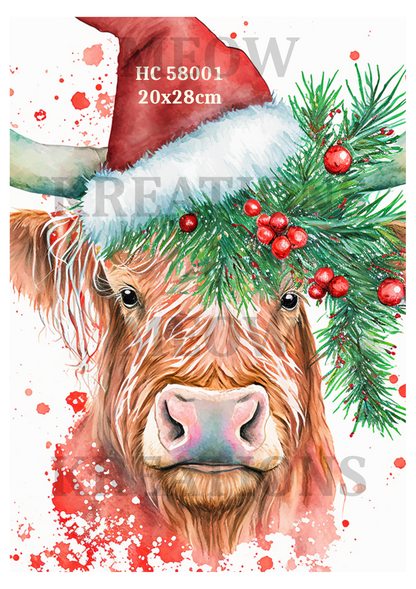 Highland Cow Christmas Decoupage Rice Paper - HC  58001