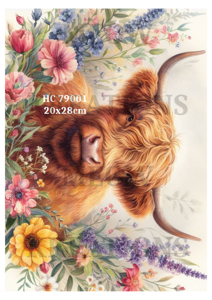 Highland Cow in Flowers Decoupage Rice Paper - HC 79001