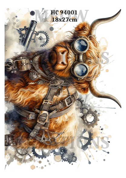 Highland Cow Steampunk Decoupage Rice Paper - HC 94001