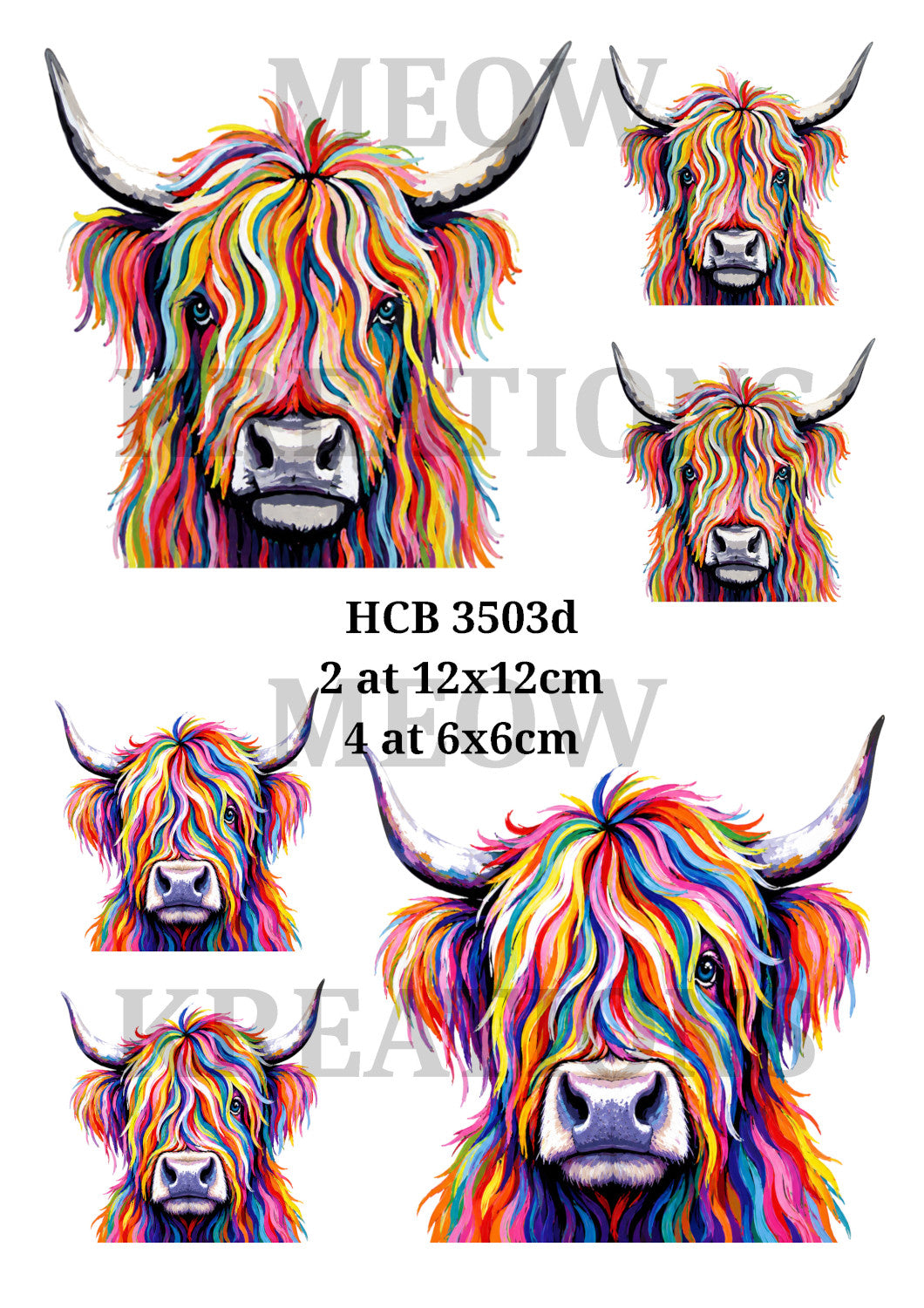 Colourful Highland Cow Rainbow Art Design Decoupage Rice Paper - HC3503d