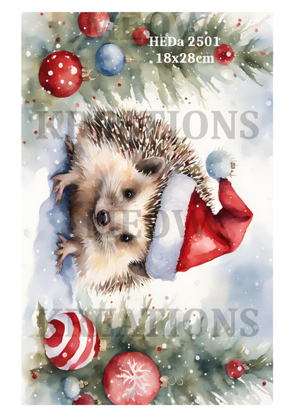 Hedgehog in Santa Hat Christmas Decoupage Rice Paper - HEDa 2501