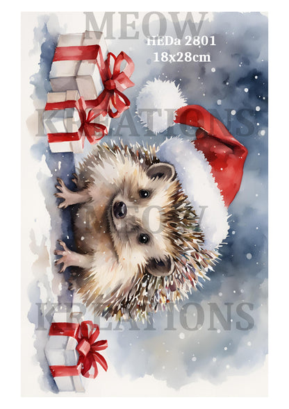 Hedgehog in Santa Hat Christmas Decoupage Rice Paper - HEDa 2801
